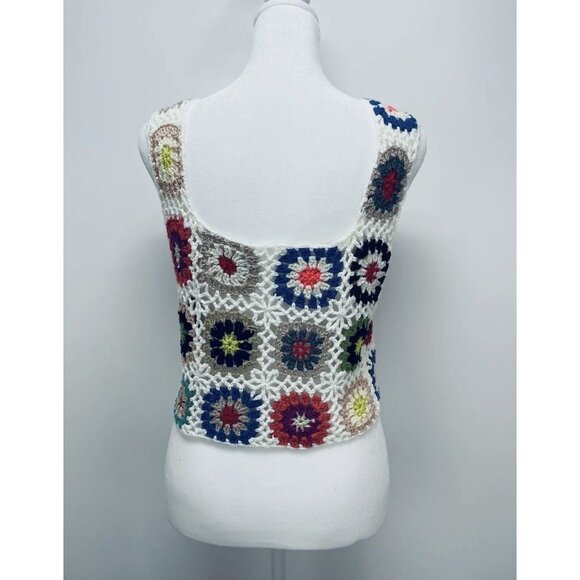 Handmade Crocheted Granny Square Cropped Hippie Tank Top Festival One Size White - Picture 7 of 7